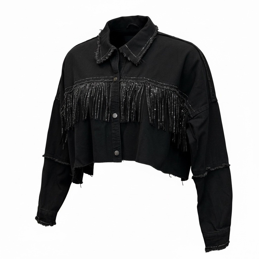 The Style Between Us‎ Jacket Womens L Black Fringe Rhinestone Western Denim Rock